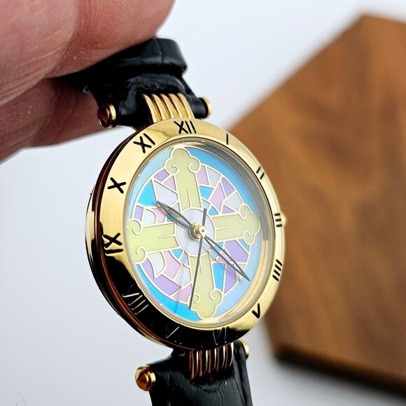 Stain Glasses Motif Dial Wrist Watch Black Band Gold Bezel Artsy Colorful Spring - Picture 3 of 6